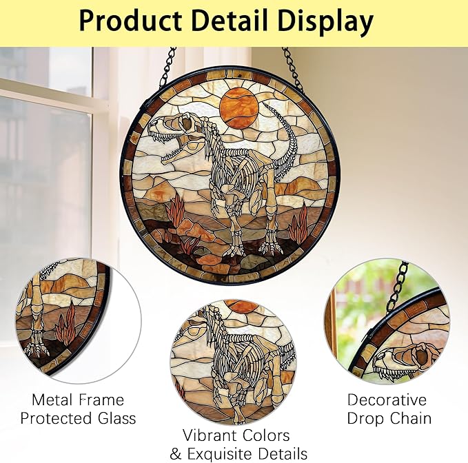 TNUW Dinosaur Skeleton Stained Glass Window Hanging, Prehistoric Dino Fossil Sunset Landscape SunCatchers Indoor Window Glass Round Wall Art Decor, Dinosaur Wall Hanging Decorations, 7.9＂x7.9＂