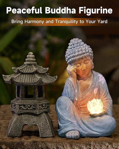 Buddha Statue Outdoor with Lotus Flower Light, IP65 Waterproof Solar Statue Lights, Outdoor Statues for Garden, Zen Decor for Garden, Home, Patio, Lawn