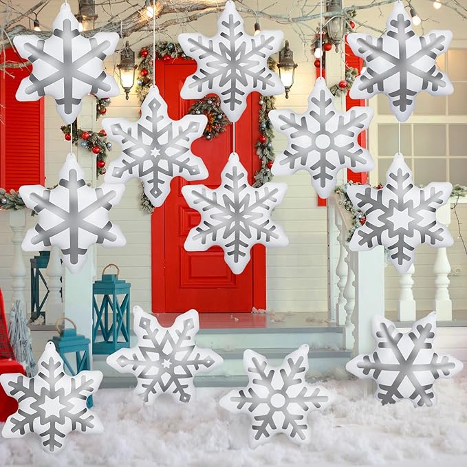 12 Pieces Winter Inflatable Snowflake Outdoor Decorations Winter Blow up Inflatable PVC Hanging Waterproof Snowball Outdoor Ornaments Decorations for Yard Garden Lawn Party Decor