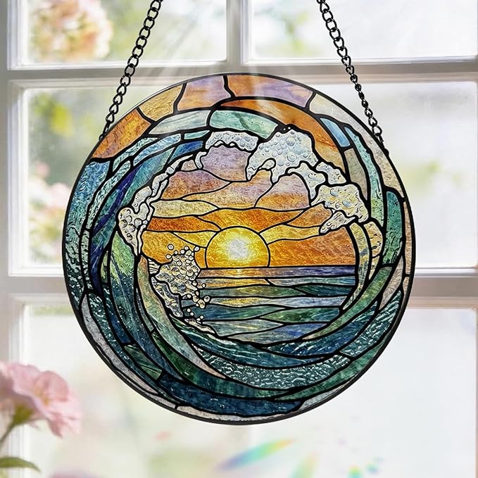 Stained Glass Window Hanging, 8 Inch Ocean Wave Suncatcher, Sun Catchers Indoor Window, Beach Coastal Suncatchers for Windows Hanging, Spring Home Garden Decor Panel, Beach Lover Gifts for Women Mom