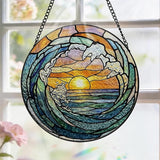 Stained Glass Window Hanging, 8 Inch Ocean Wave Suncatcher, Sun Catchers Indoor Window, Beach Coastal Suncatchers for Windows Hanging, Spring Home Garden Decor Panel, Beach Lover Gifts for Women Mom