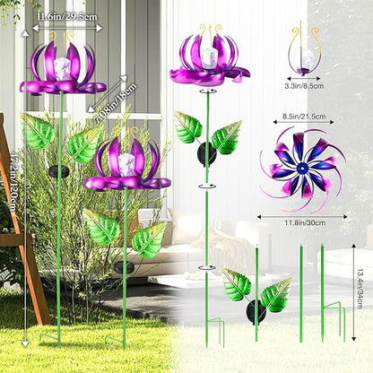 Solar Yard Lights Wind Spinners- Metal Lotus Flower Garden Decor LED Crackle Glass Globe Yard Art Sculpture Solar Stake Lights for Patio Pathway Lawn Walkway (Purple-Large)