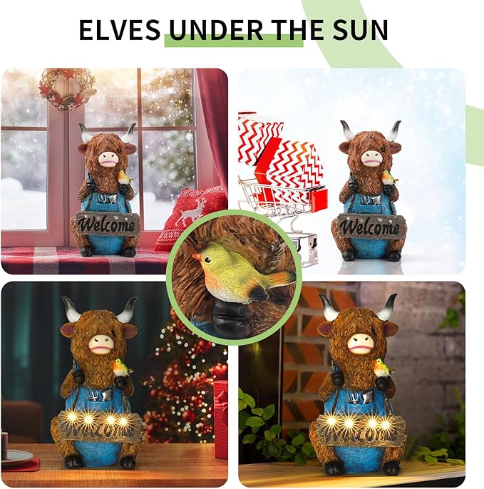 V-Ladybug Solar Garden Statues -Highland Cow Outdoor Handmade Resin Statue with LED Light, and Welcome Holder for Patio, Yard, Gift Ideas