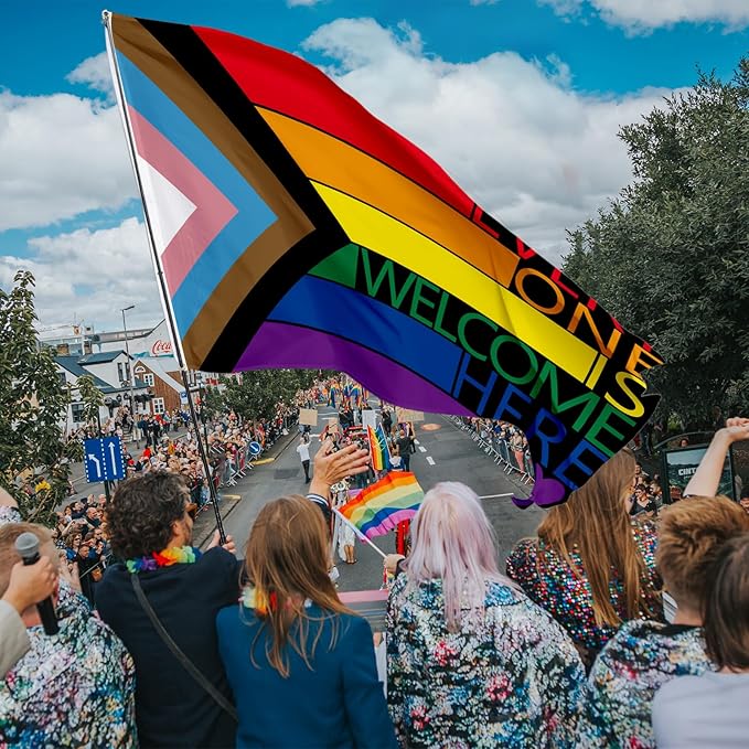 Pride Flags 3x5 Ft Everyone is Welcome Here Pride Decorations Outdoor Hanging LGBTQ Rainbow Gay Porgress Pride Flag Party Supplies for Indoor Outdoor Garden,Lawn,Yard, Parade Decor