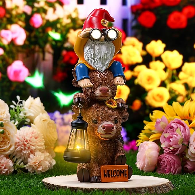 Gerrii Solar Highland Cow Gnome Outdoor Spring Garden Statue with Lighted Lantern 11" Resin Highland Cow Welcome Sign Outdoor Yard Waterproof Gift for Women Mom Holiday Patio Lawn Ornaments