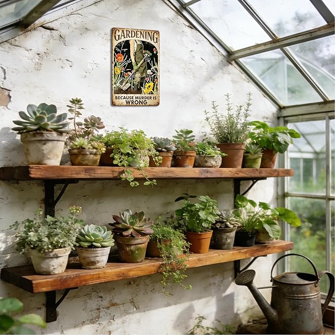 Garden Signs for Outside - Gardening Because Murder Is Wrong Sign, Funny Metal Signs for Home Garden Patio Yard, Vintage Gardening Gifts for Women, Wall Decor 12" x 8"