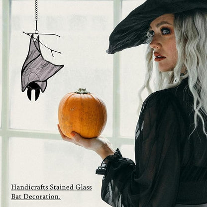 Stained Glass Bat Decor Window Hangings Ornament, Gothic Bat Suncatcher Halloween Decorations Gifts, Handmade Occult Sun Catchers Indoor Window Home Decor