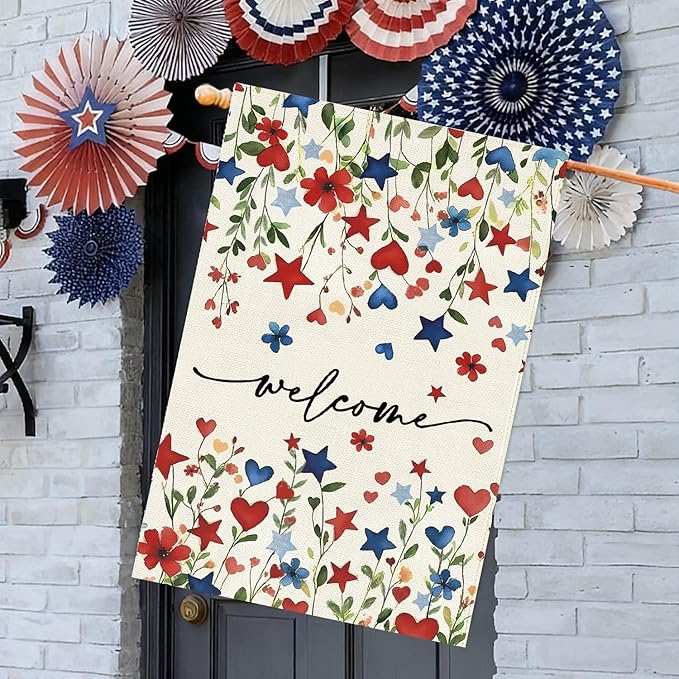 Baccessor Patriotic 4th of July House Flag 28x40 Inch Double Sided Burlap,Memorial Day Welcome American Red and Blue Flower Large Flag Summer Holiday Porch Patio Seasonal Outdoor Outside Decoration