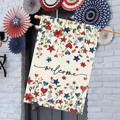 Baccessor Patriotic 4th of July House Flag 28x40 Inch Double Sided Burlap,Memorial Day Welcome American Red and Blue Flower Large Flag Summer Holiday Porch Patio Seasonal Outdoor Outside Decoration