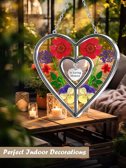 KY&BOSAM Heart Suncatcher Stained Glass Suncatchers in Loving Memory Memorial for Loss of Loved One Unique Sympathy Gift Real Pressed Dried Flower Bereavement Grief for Loss of Mom Grandma Decor