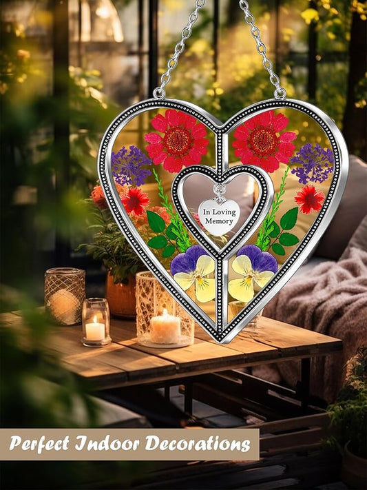 KY&BOSAM Heart Suncatcher Stained Glass Suncatchers in Loving Memory Memorial for Loss of Loved One Unique Sympathy Gift Real Pressed Dried Flower Bereavement Grief for Loss of Mom Grandma Decor