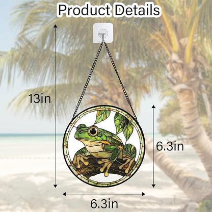 DASTOLL Stained Glass Window Hanging, Frog Green Leaf Sun Catchers Colorful Glass Panel Cool Suncatcher Decor for Birthday for Women, Men, Wife, Aunt, and Mom 6.3 in
