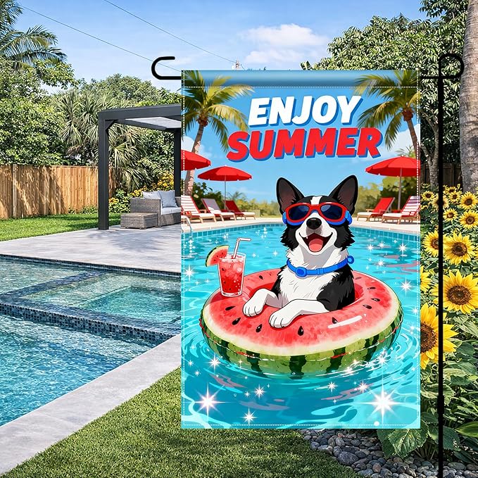 BlissYard Enjoy Summer French Bulldog Garden Flag 12x18 Double Sided Vertical Outdoor Pool Party Dog Decor Sunglasses Float Yard Lawn Patio Tropical Banner