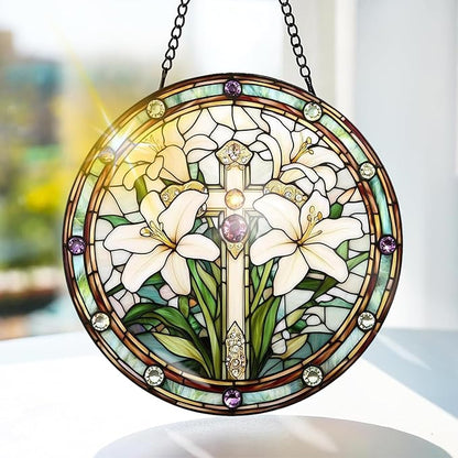 Bimkole Lily Stained Glass Suncatcher Window Hanging - Cross Indoor Window or Doorway Decoration - Handmade Sun Catcher Decor for Garden Home Christmas & Birthday Gifts 7.87x7.87 inch