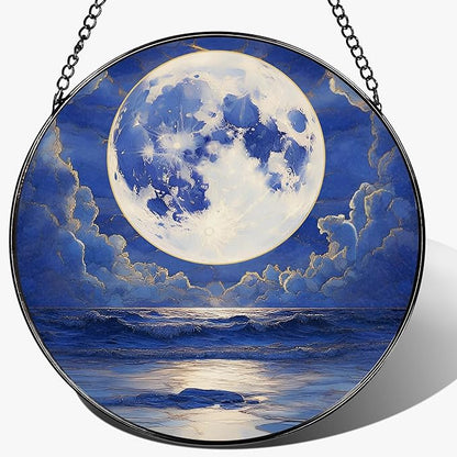 8'' Full Moon Over Ocean Sun Catcher Ornament, Stained Glass Window Hanging, Suncatchers for Windows Hanging Ornaments, Window Decor | Ideal Gift, Mother's Day, Christmas, Birthday Gifts