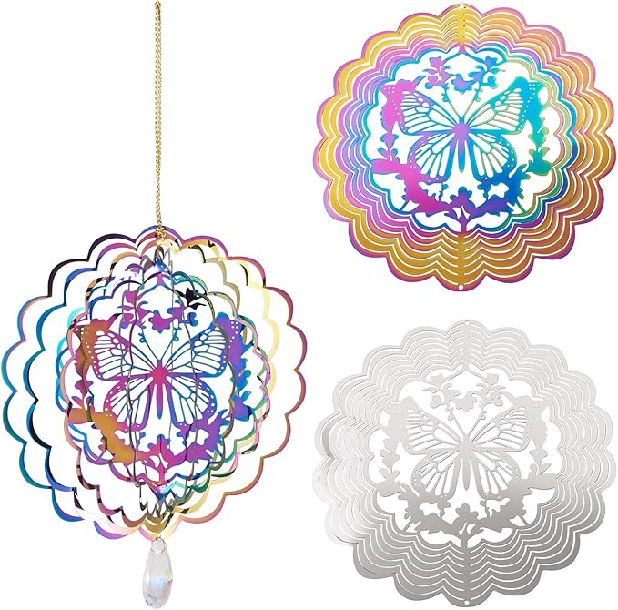 Stainless Steel Reflective Wind Spinners Outsides 3D Butterfly Wind Chimes Gradient Etched Metal Embellishments for Outdoor Indoor Garden Hanging Decor 2Pcs
