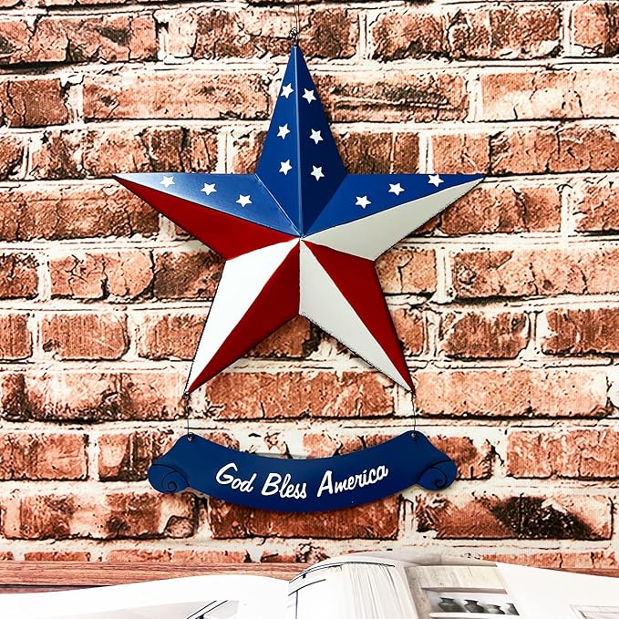 Rustic Hanging Metal American Flag Patriotic Barn Star Wall Door Yard Signs 4th of July White Blue Red Independence Day Memorial Day Decor Indoor Outdoor Stars Wreath Fourth of July Decorations