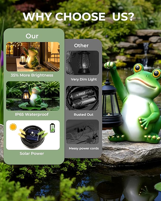 Vuees Solar Frog Garden Statue Light, Outdoor Waterproof Decorative Lantern Figurine, Cute Yard Art for Garden Patio Pond Balcony Porch Decor, Housewarming & Gardening Gifts for Women Grandma Mom