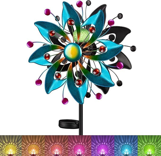 Solar Wind Spinners Outdoor - 58.8 inch Large Metal Kinetic Art Wind Sculptures Solar-Powered Multi-Color Lights Glass Ball with 360° Swivel Waterproof Windmill for Yard Garden Patio Lawn Decor