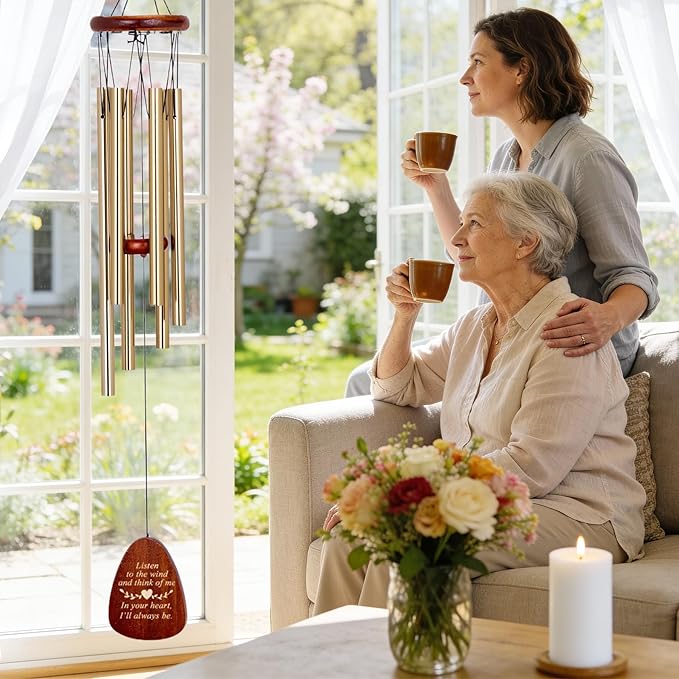 Wind Chimes for Outside, 28" Sympathy Memorial Wooden Wind Chimes for Loss of Loved One Mother Father, Pet Sympathy Gift Suitable for Outdoor, Garden, Patio Decoration Home Decor,Gold