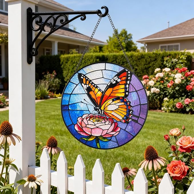 Stained Glass Window Hanging, Emperor Butterfly Circular Painted Glass Suncatcher with Chain & Suction Cup for Home Garden Door Decor, Birthday for Women Men Mom 7.8 in