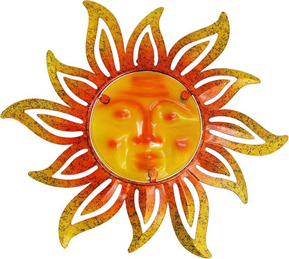 Metal Sun Wall Art Decor,12 Inch Retro Hanging Decor With Glass,Sun Face Valentine Wall Decorations For Patio Yard Garden Fence Living Room Bedroom
