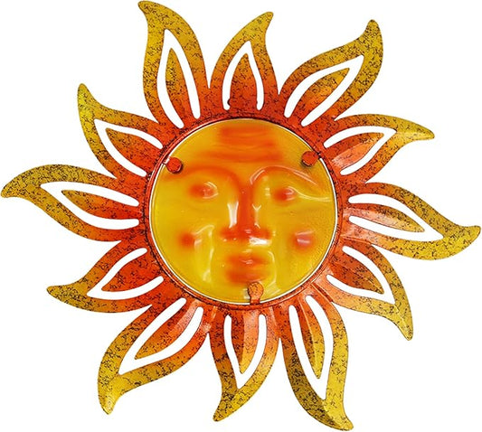 Metal Sun Wall Art Decor,12 Inch Retro Hanging Decor With Glass,Sun Face Valentine Wall Decorations For Patio Yard Garden Fence Living Room Bedroom