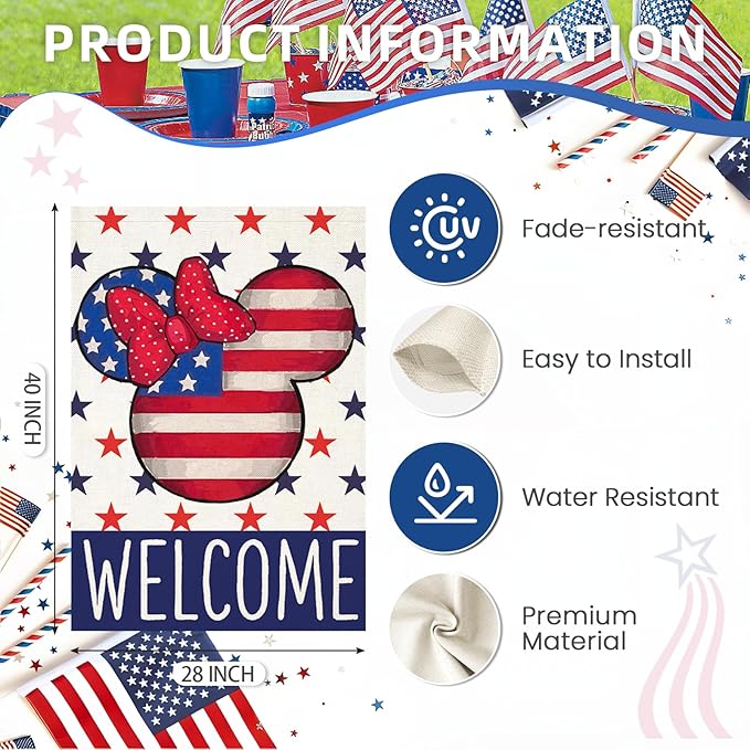 Welcome 4th of July House Flags for Outdoor Decoration, Patriotic Air Balloon Stars Large Yard Flag,Decorative 250th America Years Anniversary Decor for Summer Outside,28x40 Inch Vertical Double Sided