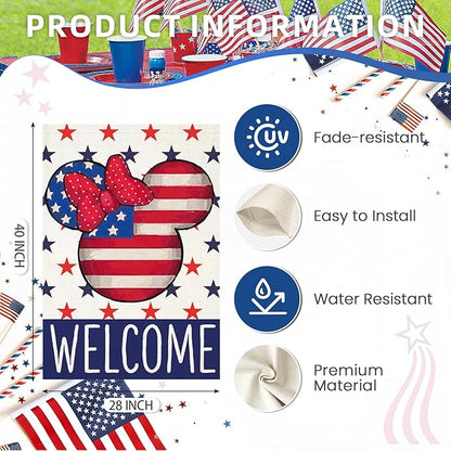 Welcome 4th of July House Flags for Outdoor Decoration, Patriotic Air Balloon Stars Large Yard Flag,Decorative 250th America Years Anniversary Decor for Summer Outside,28x40 Inch Vertical Double Sided