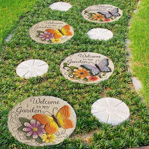 Garden Stepping Stones Outdoor Butterfly Step Stones for Walkway Gardening Gifts Welcome to My Garden Decorative Round Concrete Stones for Yard Outside Stone
