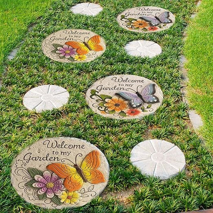 Garden Stepping Stones Outdoor Butterfly Step Stones for Walkway Gardening Gifts Welcome to My Garden Decorative Round Concrete Stones for Yard Outside Stone