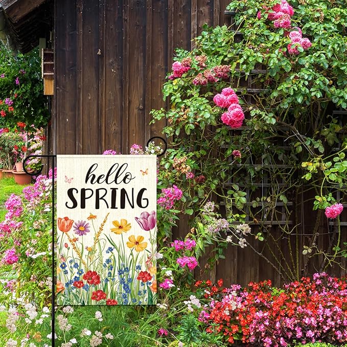 Hello Spring Garden Flag for Outside,Spring Wildflower Garden Flag Yard Lawn Porch Flags for Outdoor Decorations 12x18 Inch Double Sided