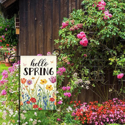Hello Spring Garden Flag for Outside,Spring Wildflower Garden Flag Yard Lawn Porch Flags for Outdoor Decorations 12x18 Inch Double Sided