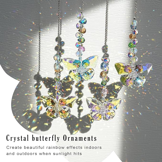 HDCRYSTALGIFTS 4pcs Crystal Butterfly Suncatchers for Window Hanging Rainbow Maker Sun Catchers Indoor Glass Butterfly Decoration for Spring Home Garden Decor, for Mom Women