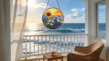 Stained Glass Window Hanging - Sunflowers, Daisies, Lavender and Sunset 6.3 Inches Suncatcher for Garden Home Decor for Women Mon Grandma Friends