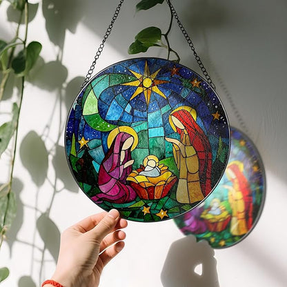 8'' Stained Glass Window Hanging, Nativity Scene Ornament, Religious Ornament, Sun Catcher Window Decor, Christian Holiday Decor, Gifts for Christmas, Christian Gift, Religious Gift