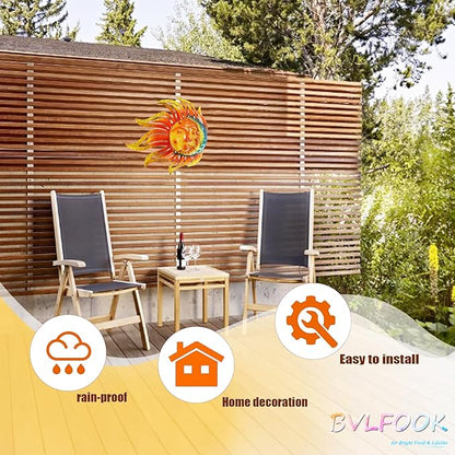 Metal Sun Moon Wall Art Decor, 12 Inch Retro Hanging Decor With Glass, Flame Sun Valentine Wall Decorations For Patio Yard Garden Fence Living Room Bedroom