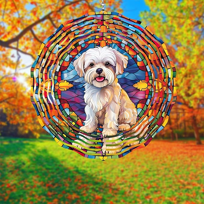Maltese Dog Wind Spinner Pet Dog Memorial Gifts, Vibrant 3D Kinetic Aluminum Metal Yard Art, Loss of Dogs Sympathy Gifts, Hanging Outdoor Garden Decor, 8" Wind Sculptures for Patio, Porch (Maltese2)