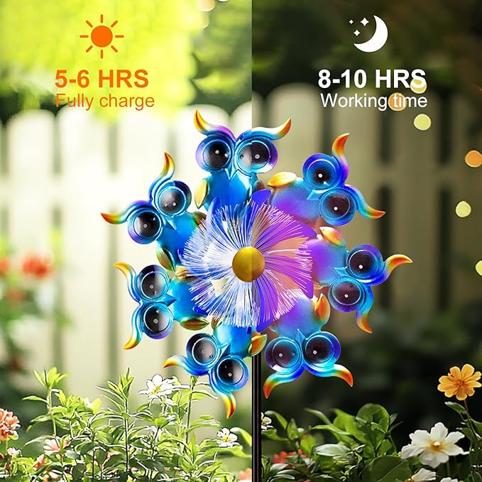 Solar Owls Wind Spinners for Yard and Garden,51 Inch Solar Windmill Seven Color LED Light Whirligig Kinetic Spinner to Scare Birds Decor for Lawn, Patio,Owl Gift Metal Wind Outdoor Sculpture