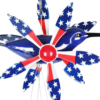Exhart WindyWing Patriotic Hummingbird Wind Chime with American Flag Wings That Spin in The Breeze, 8 by 18 Inches
