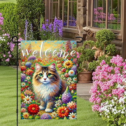 BlissYard Spring Welcome Cat Garden Flag Double Sided 12x18 Inch Tabby Cat Garden Flag Funny Floral Tulip Cats Flags Vertical Farmhouse Welcome Yard Spring Summer Seasonal Outdoor Porch Decor