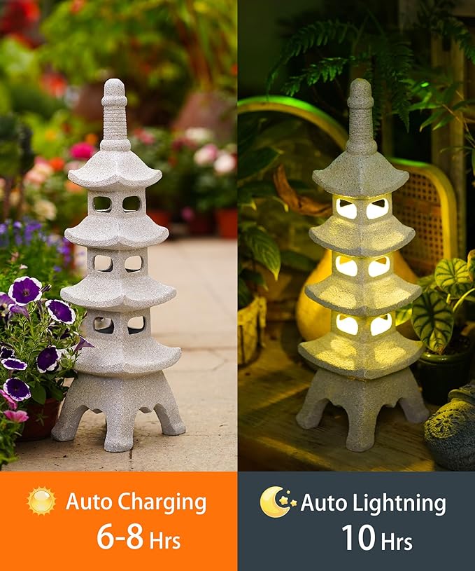 Nacome Solar Pagoda Garden Statues: 25.6 inches Multi-Layer Outdoor Waterproof Resin Zen Decor for Landscape Balcony Patio Porch Yard Ornament(Gray)