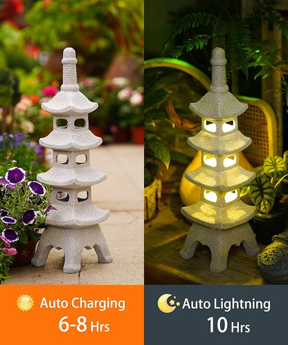 Nacome Solar Pagoda Garden Statues: 25.6 inches Multi-Layer Outdoor Waterproof Resin Zen Decor for Landscape Balcony Patio Porch Yard Ornament(Gray)