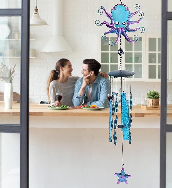 CoTa Global Octopus Wind Chime - Handmade Glass and Metal Chime - Ocean Life Hanging Decor - Colorful Home Decor Gift, Indoor and Outdoor Hanging Decoration for Porch, Patio and Garden – 27.5 Inches