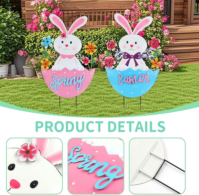 2 Pack Easter Rabbit Outdoor Decor - Spring Bunny Yard Signs with 3D Letters Metal Easter Bunny Lawn Stakes for Garden Pathway Easter Party Decor