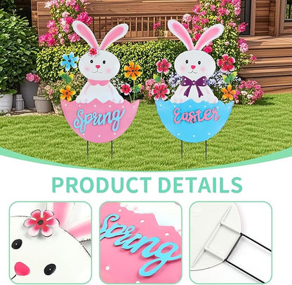 2 Pack Easter Rabbit Outdoor Decor - Spring Bunny Yard Signs with 3D Letters Metal Easter Bunny Lawn Stakes for Garden Pathway Easter Party Decor
