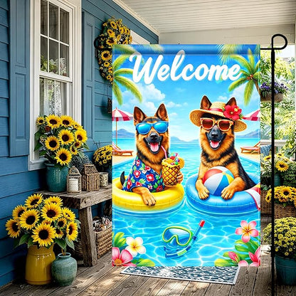 BlissYard Welcome Summer German Shepherd Garden Flag 12x18 Double Sided Vertical Outdoor Pool Dog Decor Tropical Beach Yard Lawn Patio Poolside Banner