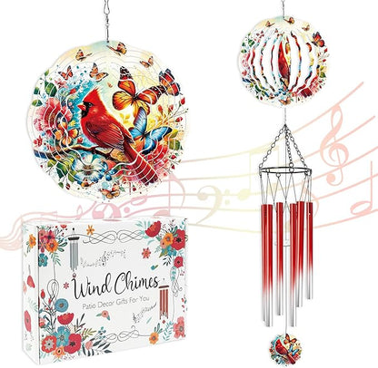 Wind Chimes with Cardinal Wind Spinner, Bird Decor Gift for Women Men, Hanging Metal Wind Catcher with 2" Center Pendant, 6" 3D Stainless Steel Kinetic Art for Garden Yard
