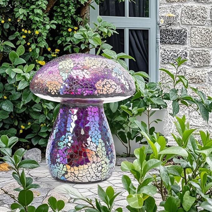 Bshine Mushroom Garden Statue Decoration, Colorful Mosaic Mushroom Sculptures Home Decor, Outdoor Waterproof Handmade Glass for Yard, Path, Lawn Ornaments, Purple