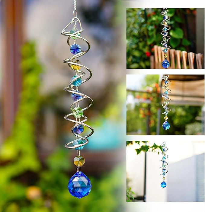 H&D HYALINE & DORA Gazing Ball Spiral Tail Wind Spinner Spiral Blue Crystal Ball with Hook Sun Catcher Rainbow Maker Hanging Decor for Yard Garden Rotating Art 20.5 "